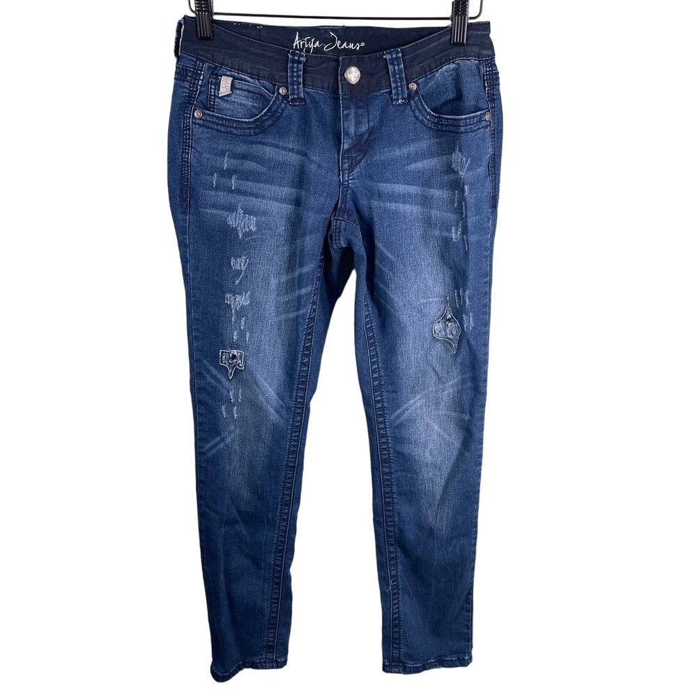 Ariya Jeans Skinny Denim Womens 7/8 Blue Distressed Embroidered Flap‎ Pocket